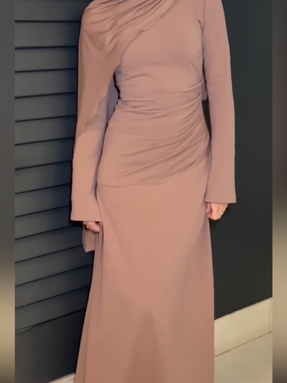 Veiled Long-Sleeve Ruched Maxi Dress in Deep Taupe